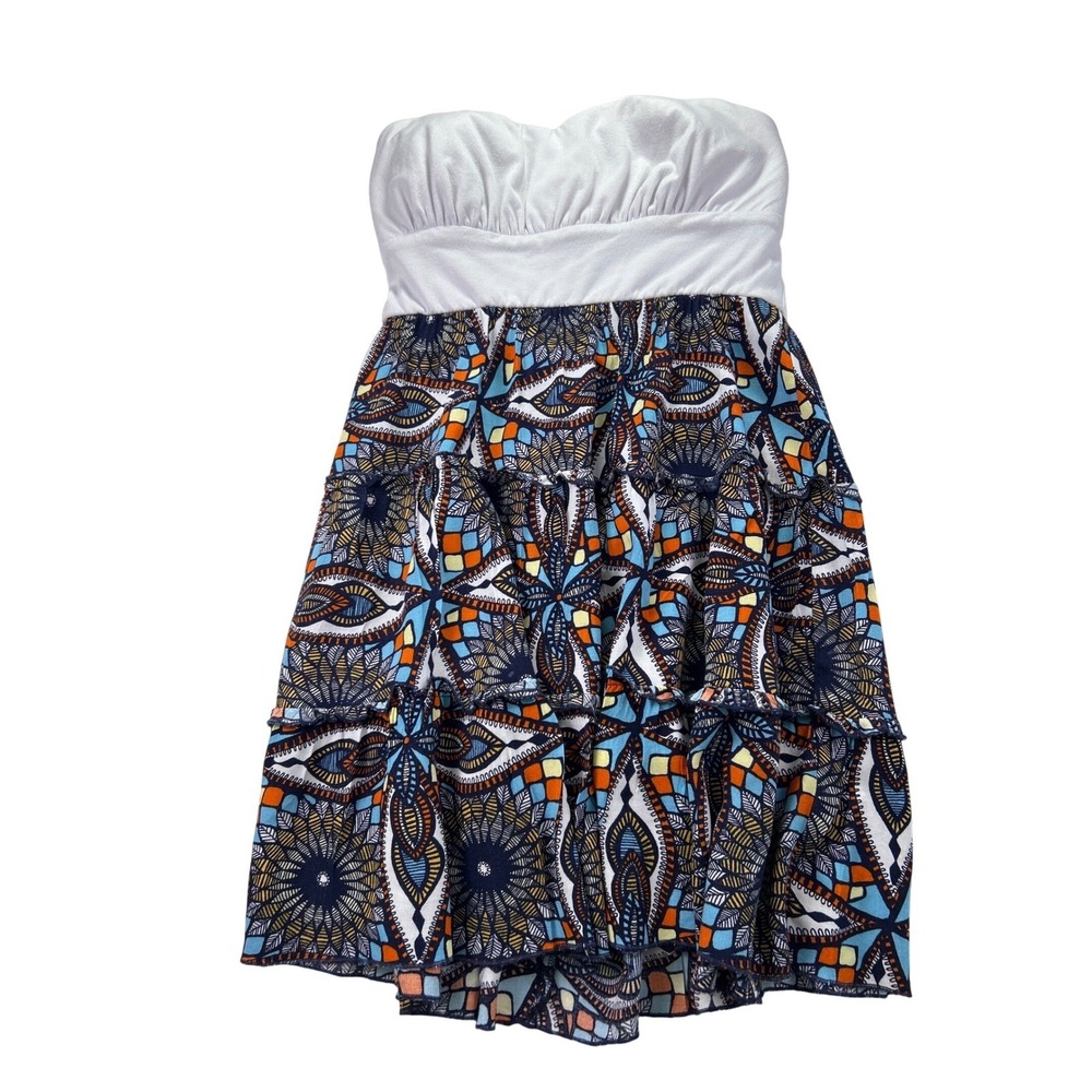 A. Byer Women's‎ Tiered Ruffle Mini Dress White Blue Orange Size M